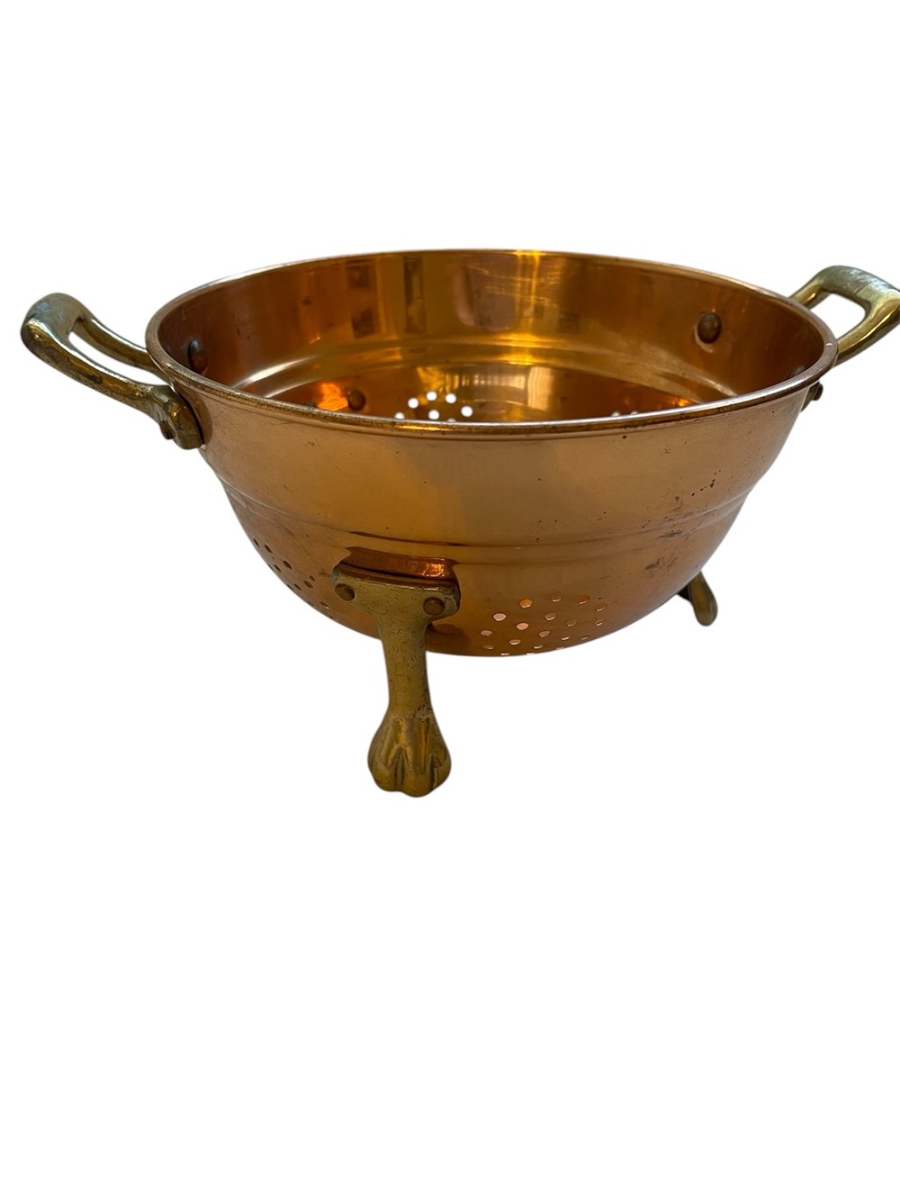 Vintage copper & brass berry colander with feet